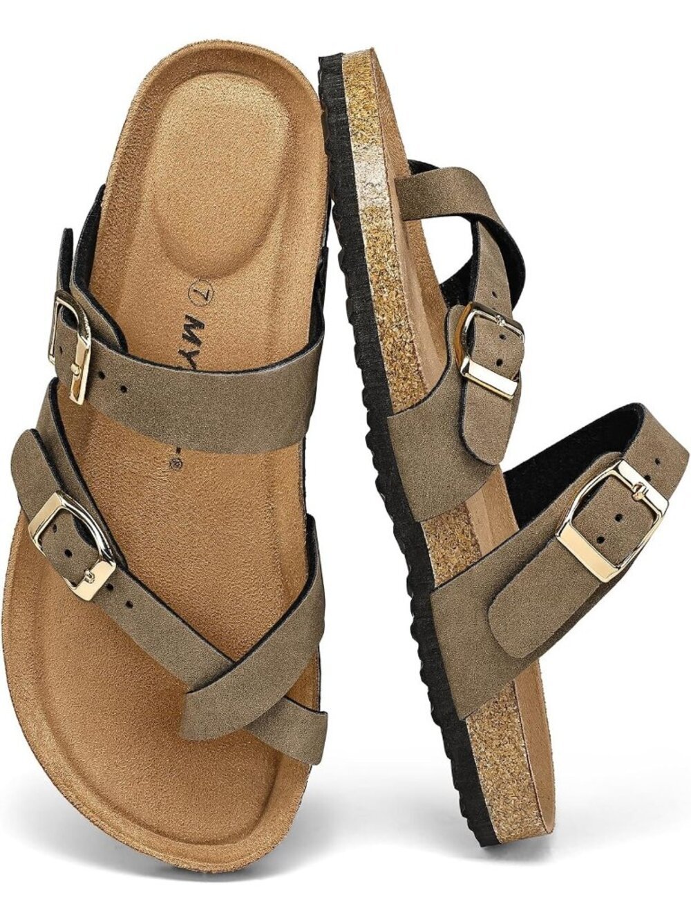 Women's Light Brown Adjustable Buckle Slide Cork Footbed Slip On Sandal Shoes